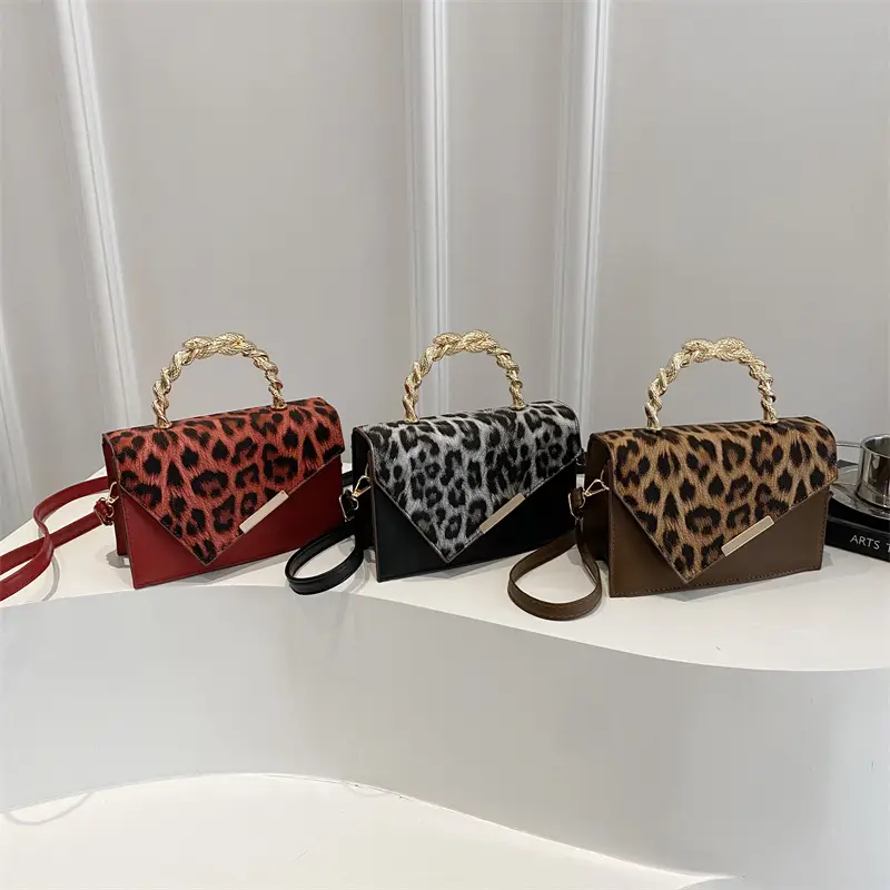 Leopard Print Satchel Bag for Women Red Metal Handle