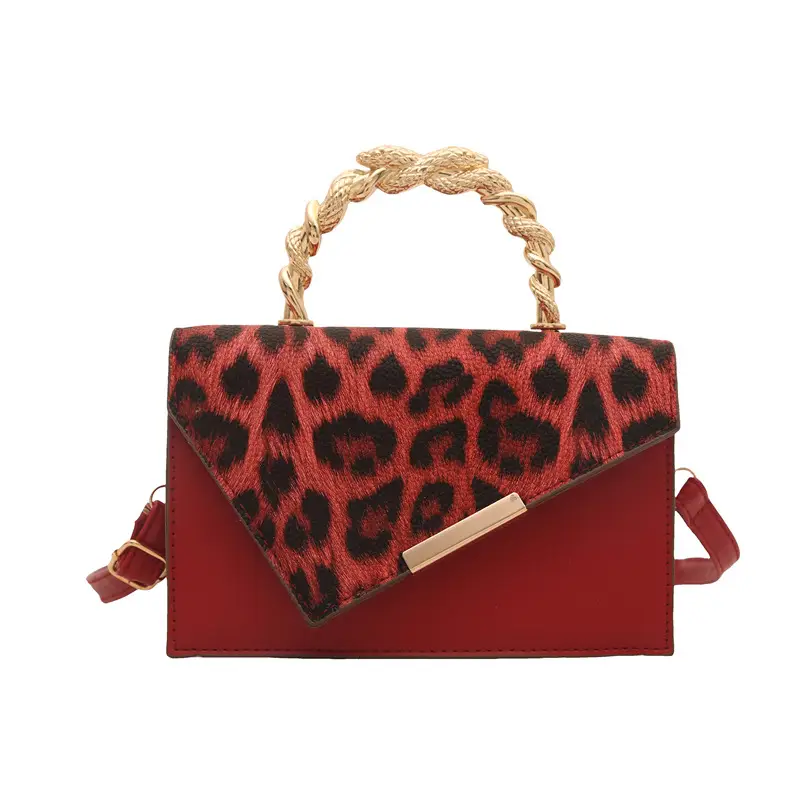 Leopard Print Satchel Bag for Women Red Metal Handle