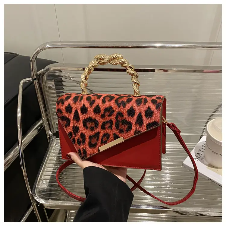 Leopard Print Satchel Bag for Women Red Metal Handle — feature 17