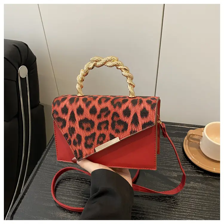Leopard Print Satchel Bag for Women Red Metal Handle