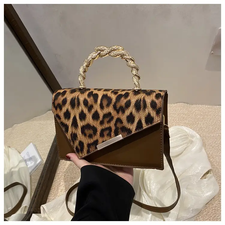 Leopard Print Satchel Bag for Women Red Metal Handle