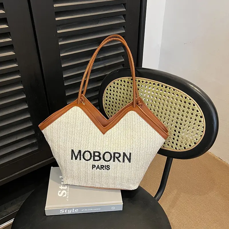 Women's Beige Embroidered Straw Shoulder Bag with Leather Handles - Image 4