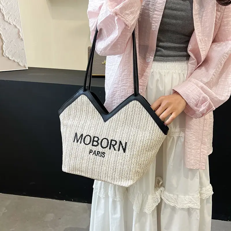Women's Beige Embroidered Straw Shoulder Bag with Leather Handles - Image 5