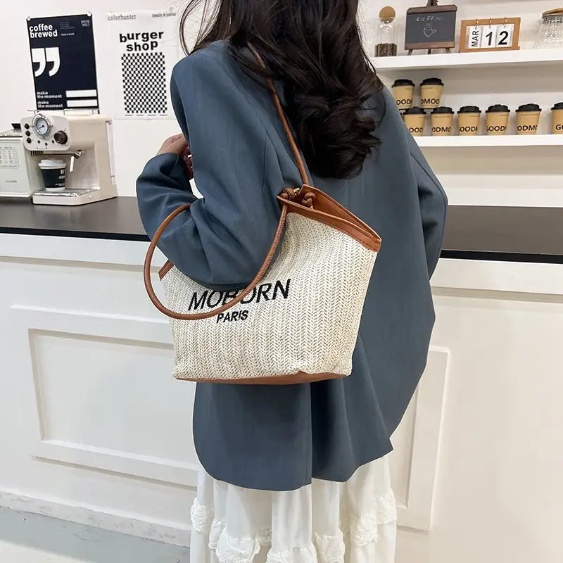 Women's Beige Embroidered Straw Shoulder Bag with Leather Handles - Image 6