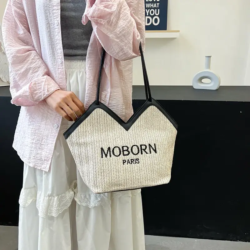 Women's Beige Embroidered Straw Shoulder Bag with Leather Handles - Image 7