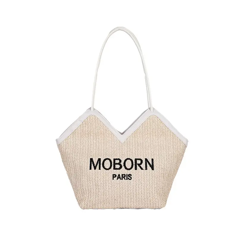 Women's Beige Embroidered Straw Shoulder Bag with Leather Handles - Image 8