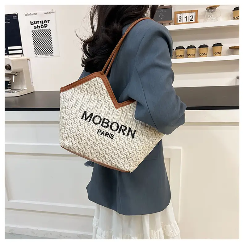 Women's Beige Embroidered Straw Shoulder Bag with Leather Handles — feature 14