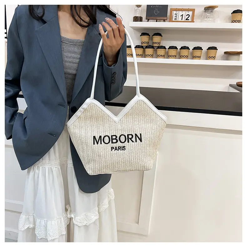 Women's Beige Embroidered Straw Shoulder Bag with Leather Handles — feature 15