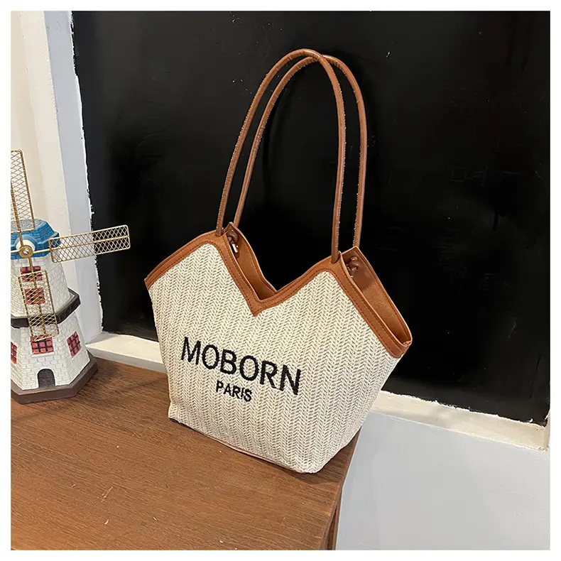 Women's Beige Embroidered Straw Shoulder Bag with Leather Handles — feature 16