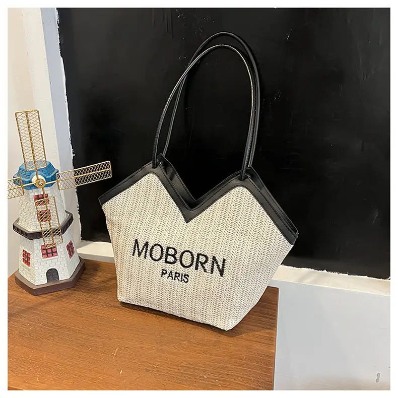 Women's Beige Embroidered Straw Shoulder Bag with Leather Handles — feature 17