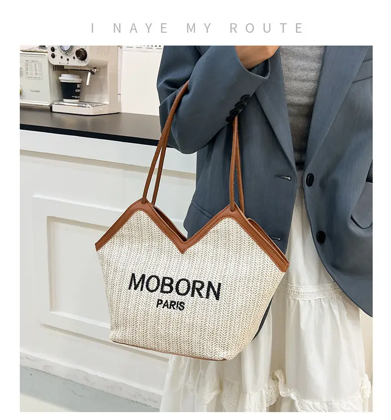 Women's Beige Embroidered Straw Shoulder Bag with Leather Handles — feature 2