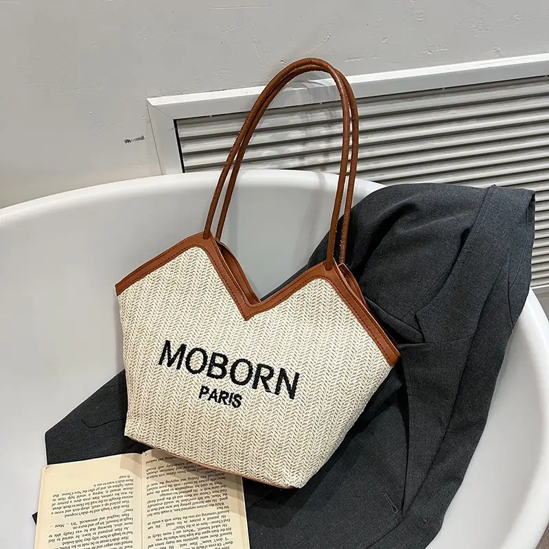 Women's Beige Embroidered Straw Shoulder Bag with Leather Handles - Image 3