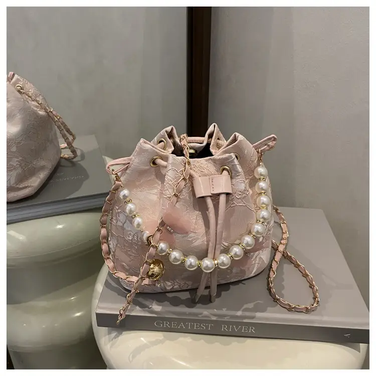 Fairy Blue Pearl Bucket Bag with One Shoulder Crossbody Strap - Image 5
