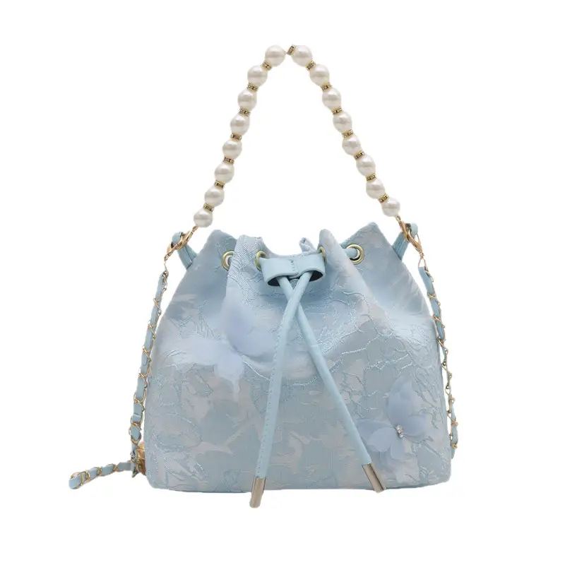 Fairy Blue Pearl Bucket Bag with One Shoulder Crossbody Strap - Image 8