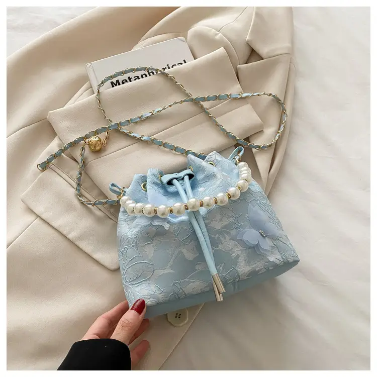 Fairy Blue Pearl Bucket Bag with One Shoulder Crossbody Strap — feature 11
