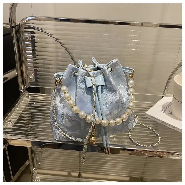 Fairy Blue Pearl Bucket Bag with One Shoulder Crossbody Strap — feature 12