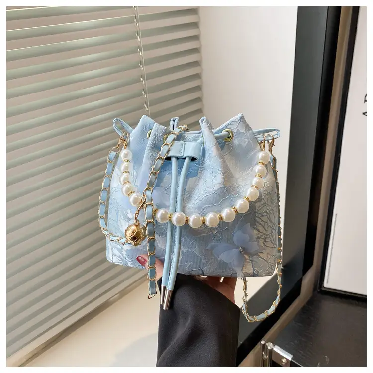 Fairy Blue Pearl Bucket Bag with One Shoulder Crossbody Strap — feature 13