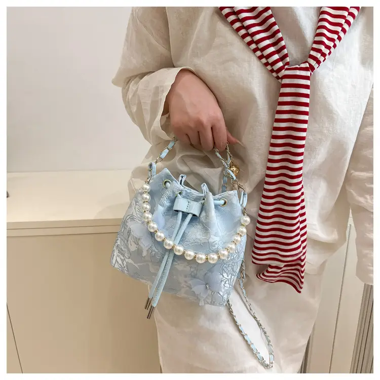 Fairy Blue Pearl Bucket Bag with One Shoulder Crossbody Strap — feature 14