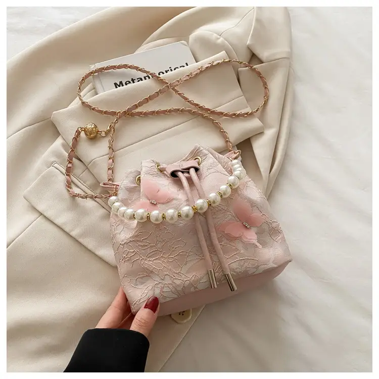 Fairy Blue Pearl Bucket Bag with One Shoulder Crossbody Strap — feature 16