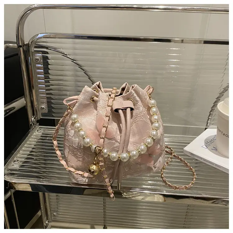 Fairy Blue Pearl Bucket Bag with One Shoulder Crossbody Strap — feature 17