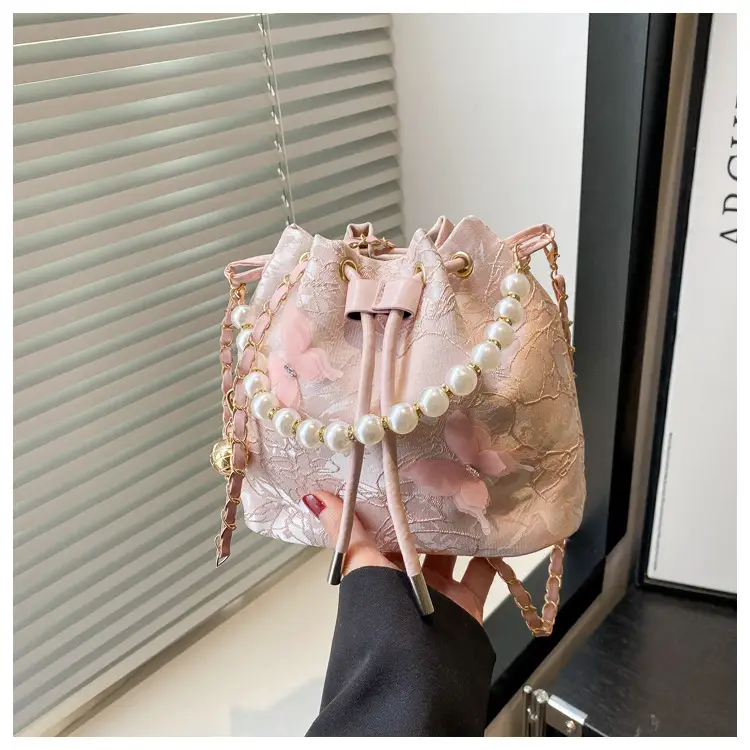 Fairy Blue Pearl Bucket Bag with One Shoulder Crossbody Strap — feature 18
