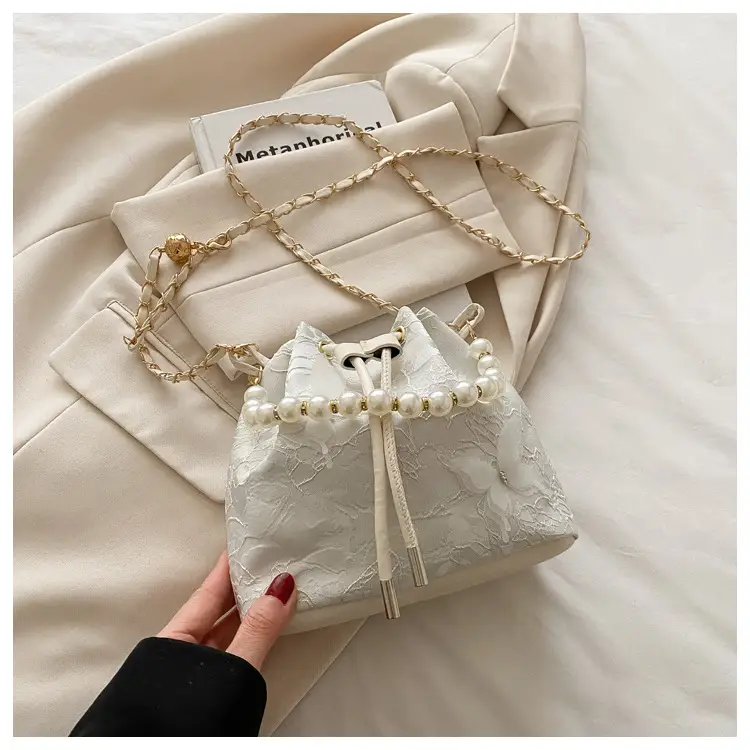 Fairy Blue Pearl Bucket Bag with One Shoulder Crossbody Strap — feature 21