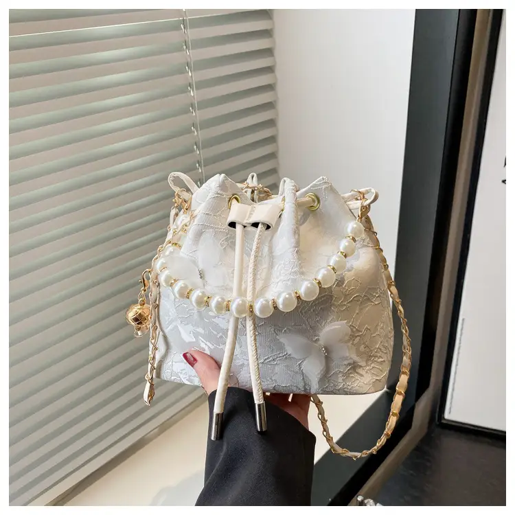 Fairy Blue Pearl Bucket Bag with One Shoulder Crossbody Strap — feature 23