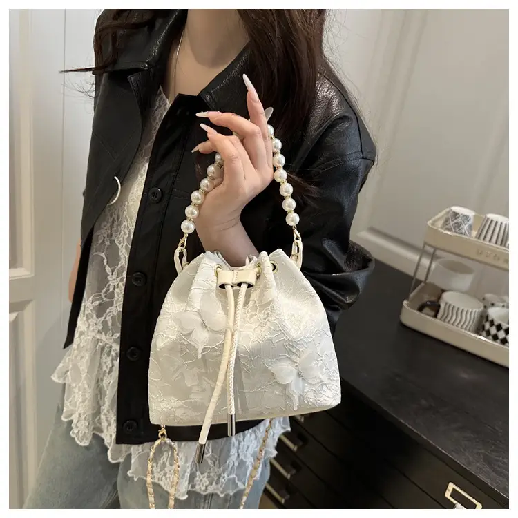 Fairy Blue Pearl Bucket Bag with One Shoulder Crossbody Strap — feature 24