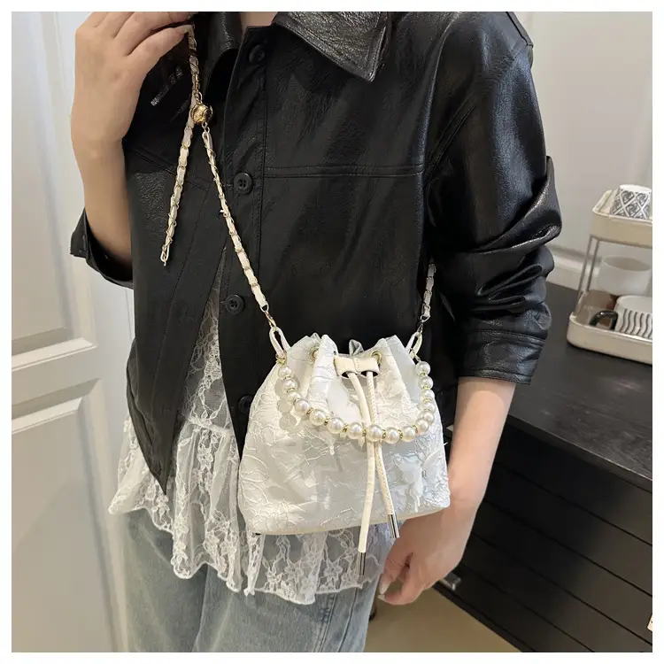Fairy Blue Pearl Bucket Bag with One Shoulder Crossbody Strap — feature 25