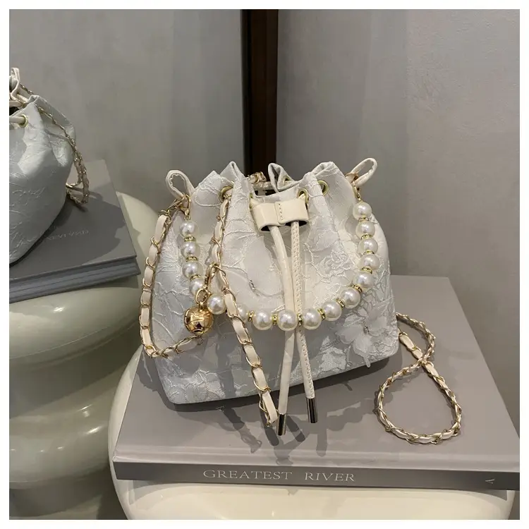 Fairy Blue Pearl Bucket Bag with One Shoulder Crossbody Strap - Image 3