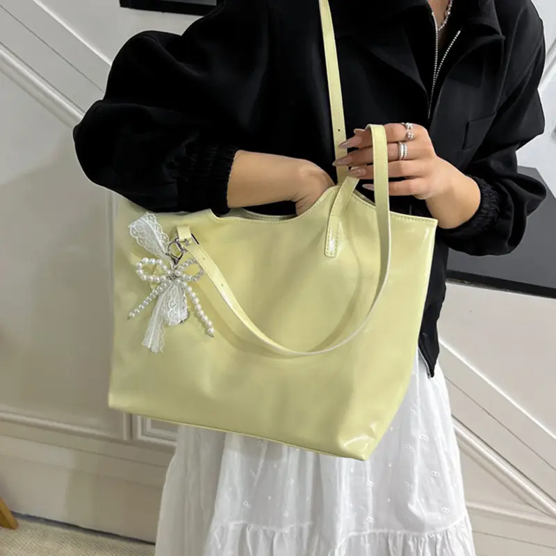 Women's Light Yellow Embroidered Tote Bag Large Capacity - Image 13