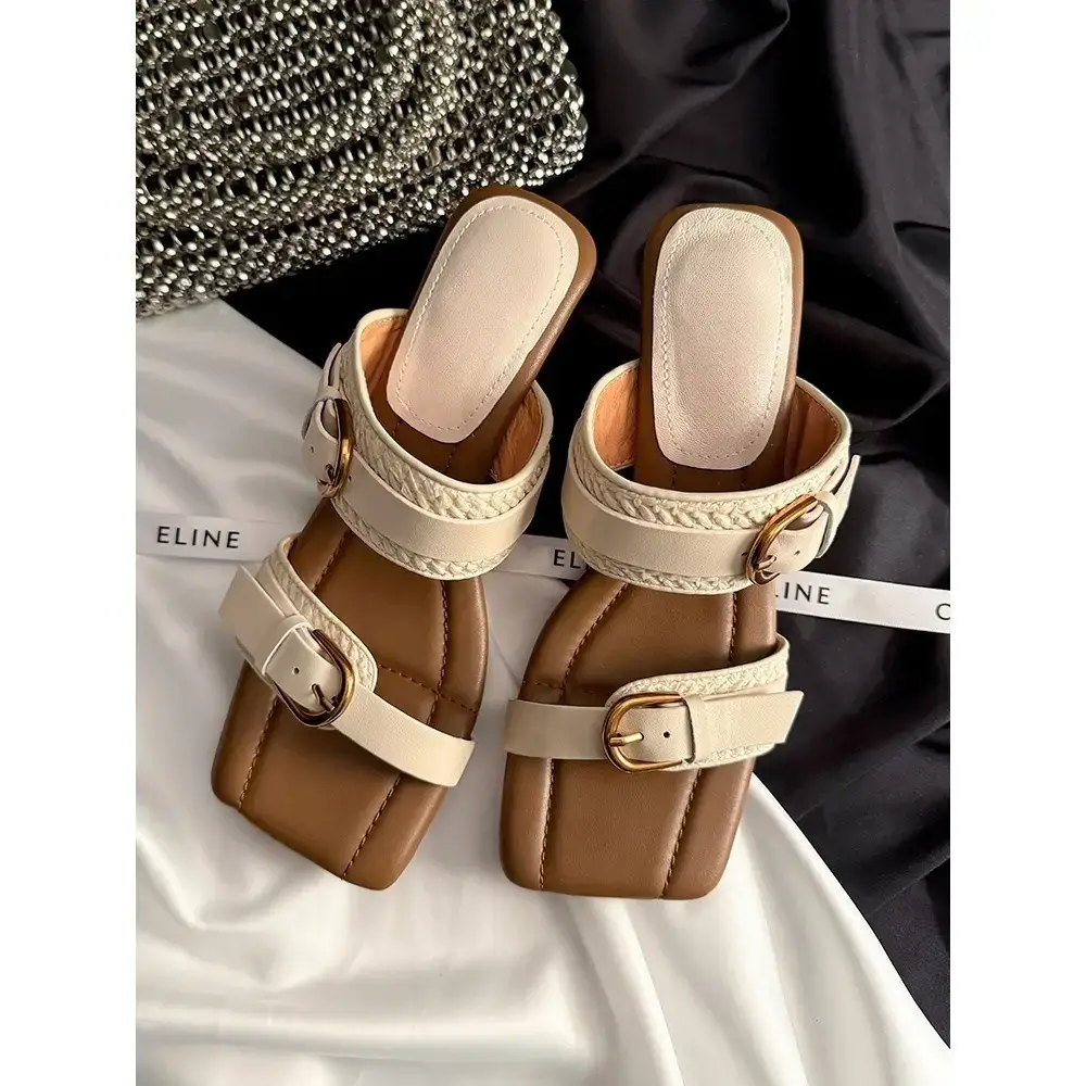 Women's Belt Buckle Wedge Sandals Summer High Heel Tan
