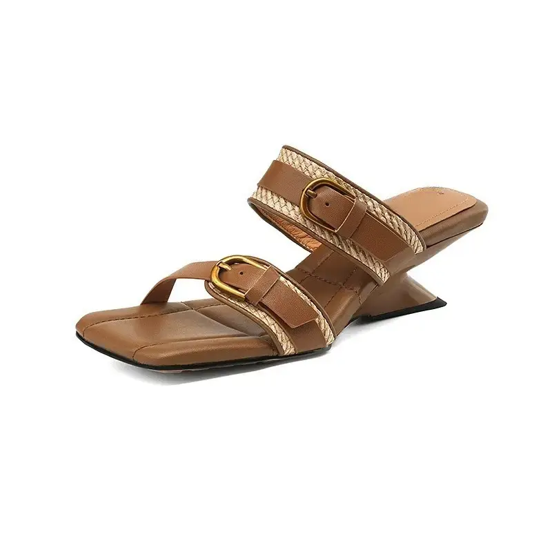 Women's Belt Buckle Wedge Sandals Summer High Heel Tan