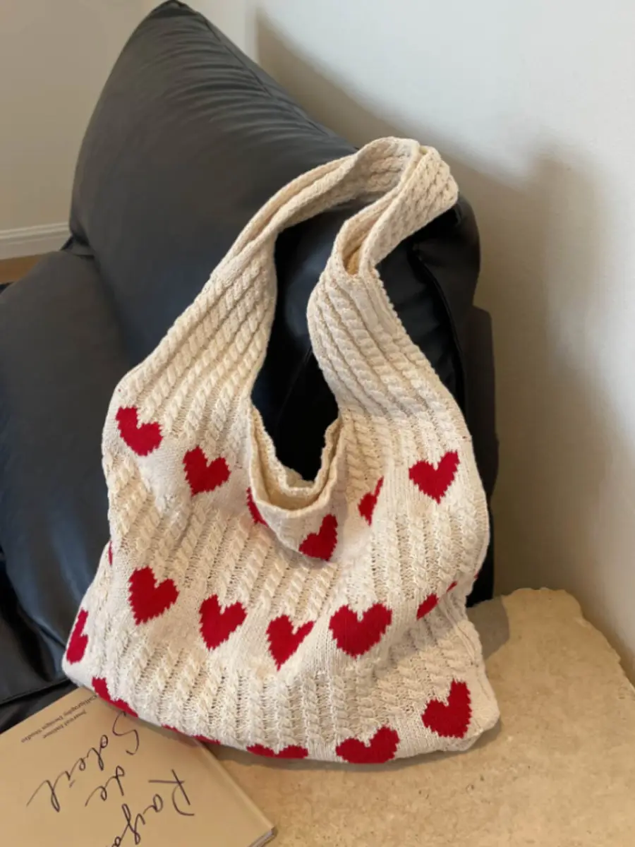 Knitted Heart Tote Bag for Women 2024