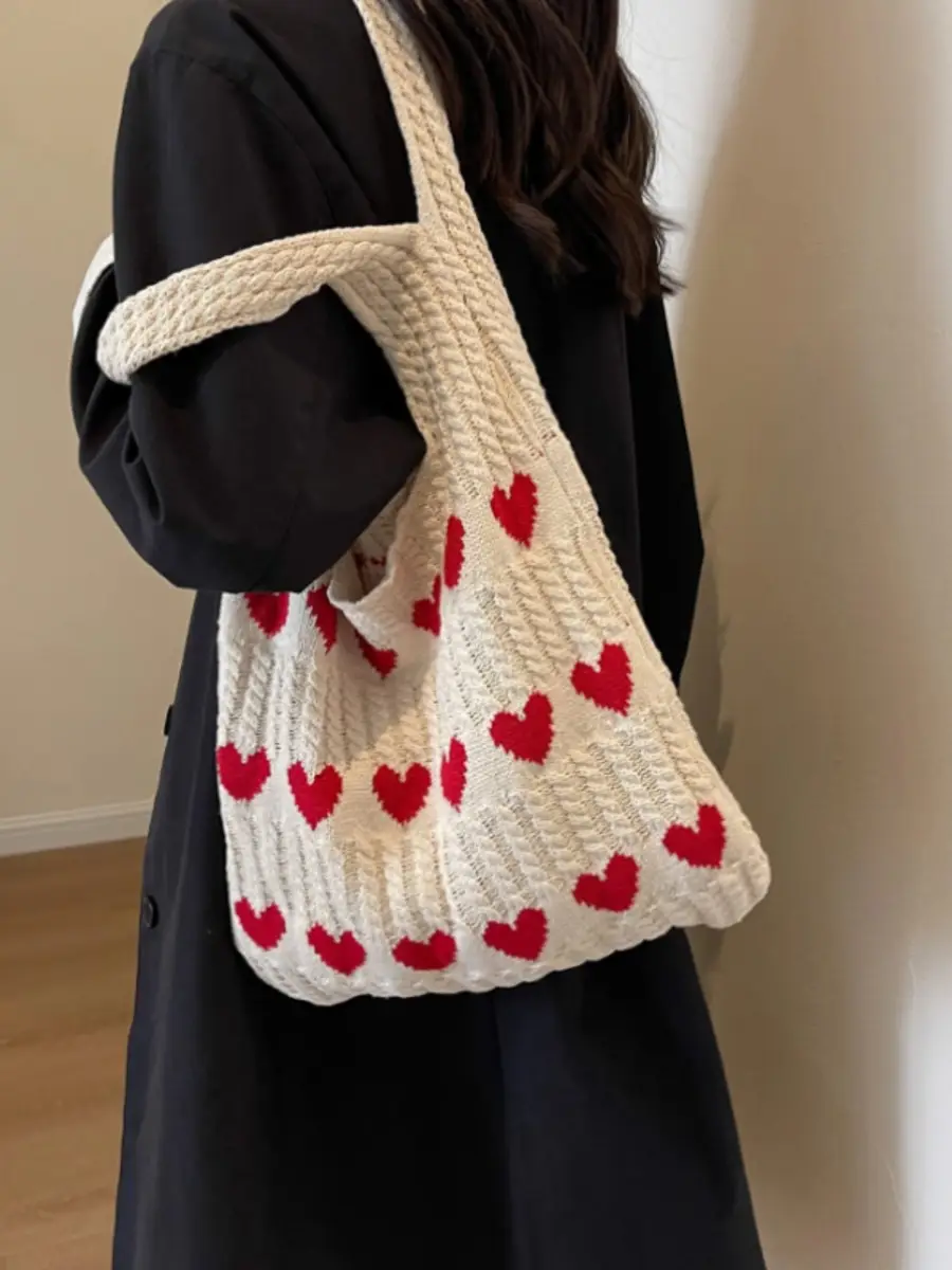 Knitted Heart Tote Bag for Women 2024