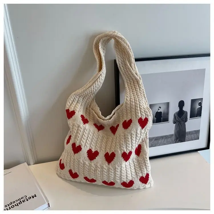 Knitted Heart Tote Bag for Women 2024