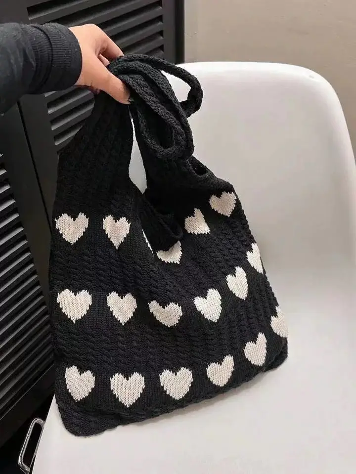 Knitted Heart Tote Bag for Women 2024