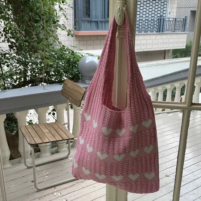 Knitted Heart Tote Bag for Women 2024