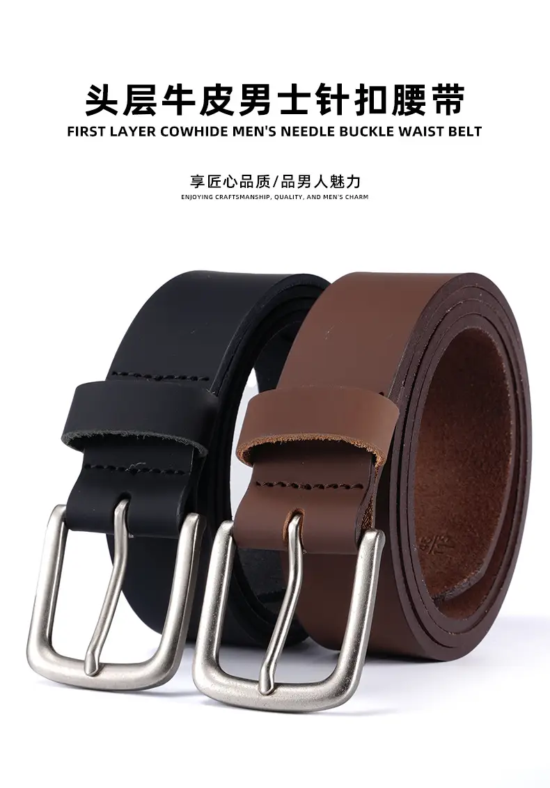 Men's Black Genuine Leather Belt with Silver Buckle — feature 1