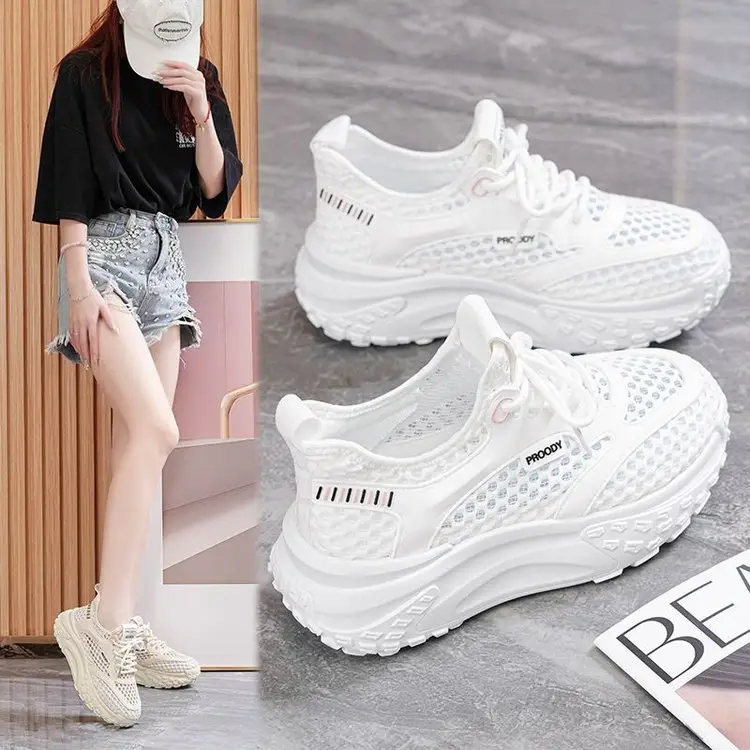 Women's White Mesh Casual Shoes with Thick Sole - Image 6