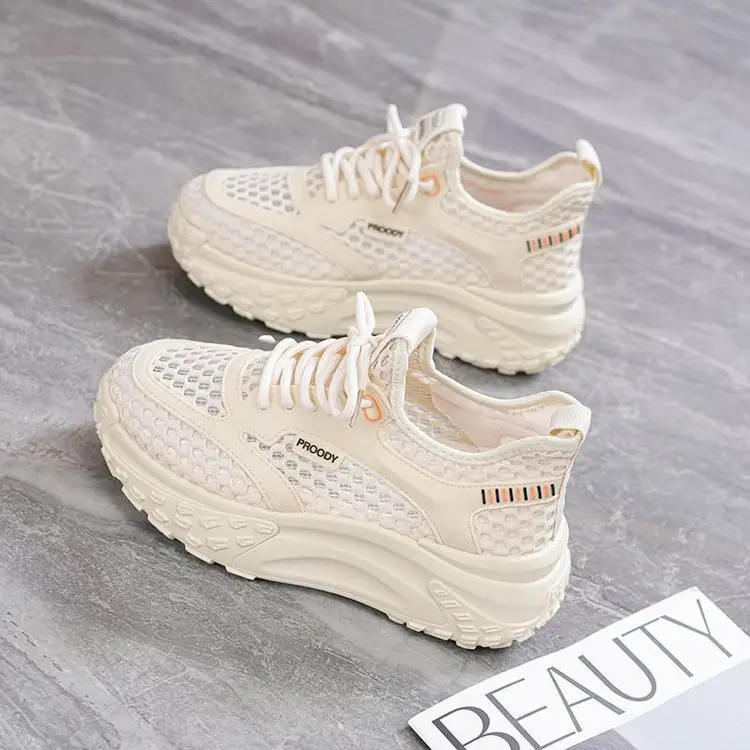 Women's White Mesh Casual Shoes with Thick Sole - Image 3