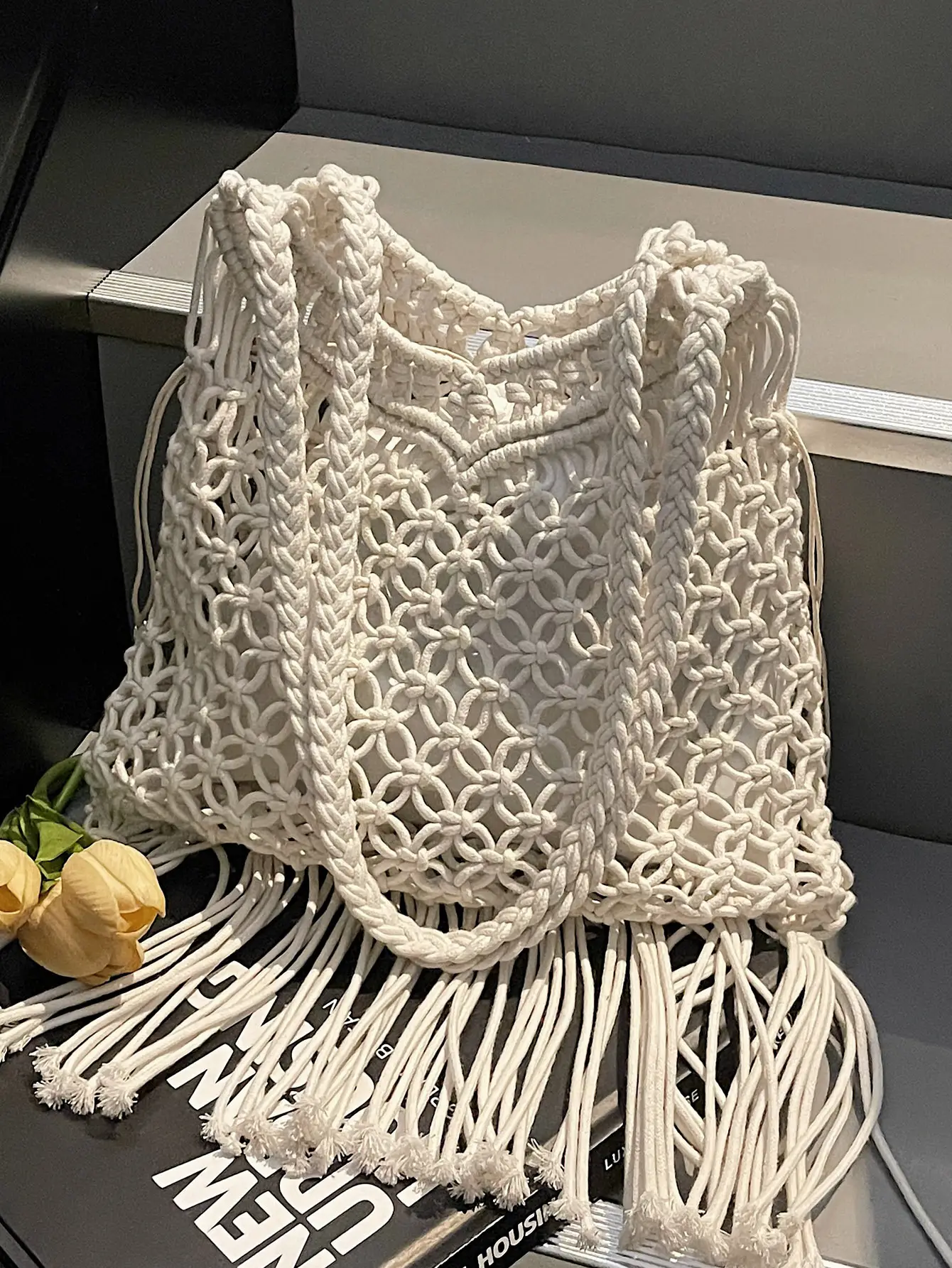 White Cotton Thread Woven Shoulder Bag 2025 - Image 3