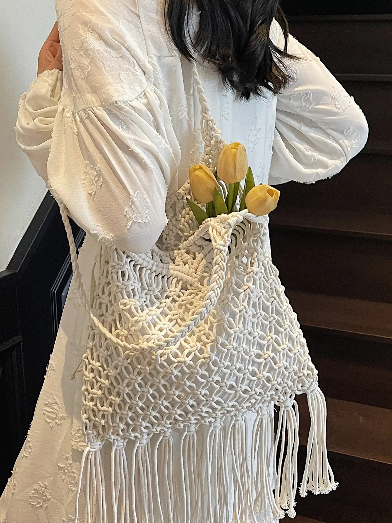 White Cotton Thread Woven Shoulder Bag 2025 - Image 6