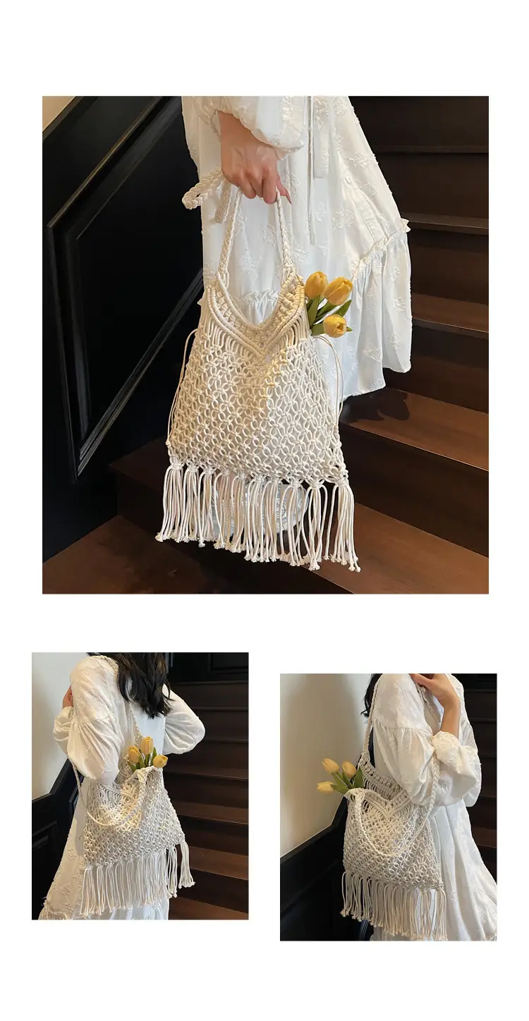 White Cotton Thread Woven Shoulder Bag 2025 — feature 9