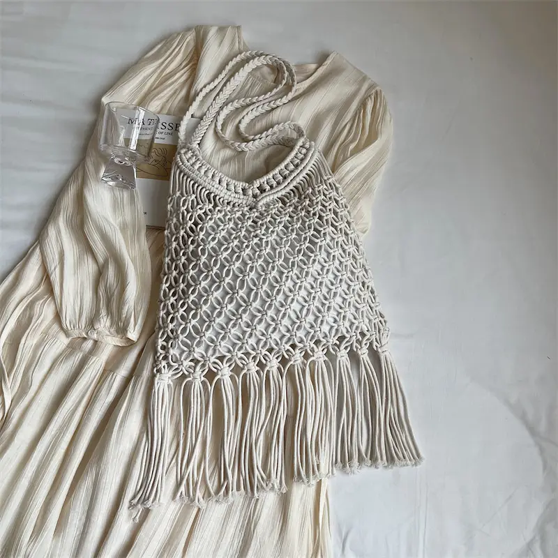 White Cotton Thread Woven Shoulder Bag 2025 - Image 2