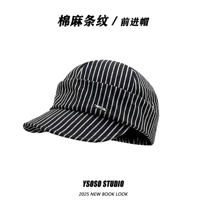 Japanese Retro White Striped Duckbill Cap for Women - Image 5