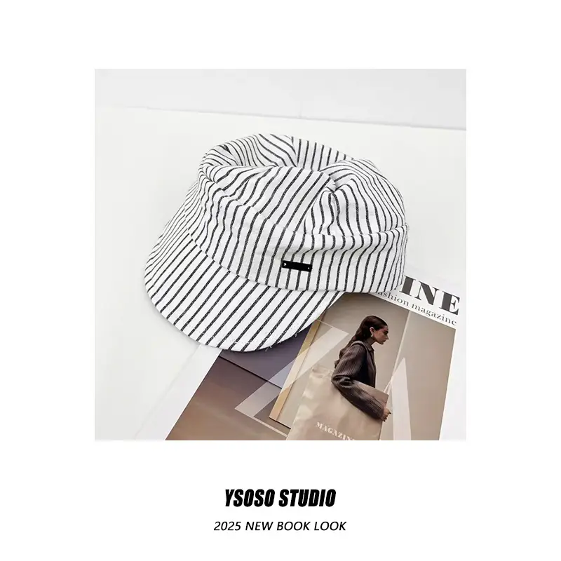 Japanese Retro White Striped Duckbill Cap for Women — feature 5