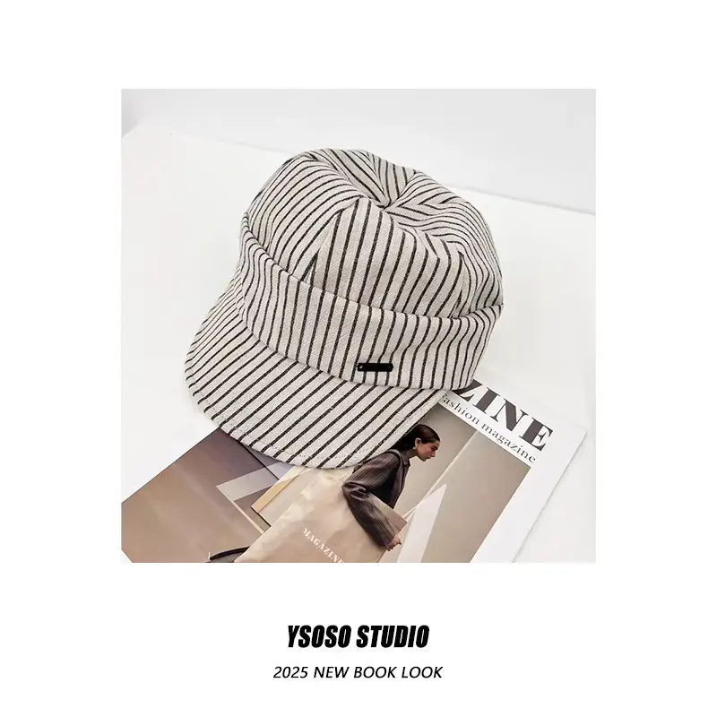 Japanese Retro White Striped Duckbill Cap for Women — feature 6