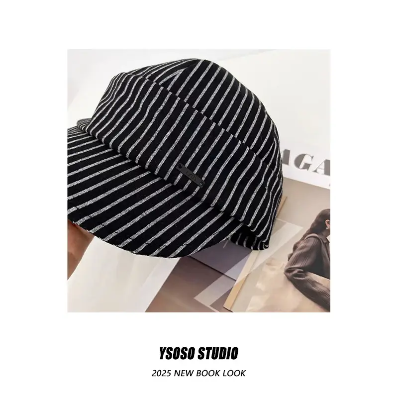 Japanese Retro White Striped Duckbill Cap for Women — feature 7