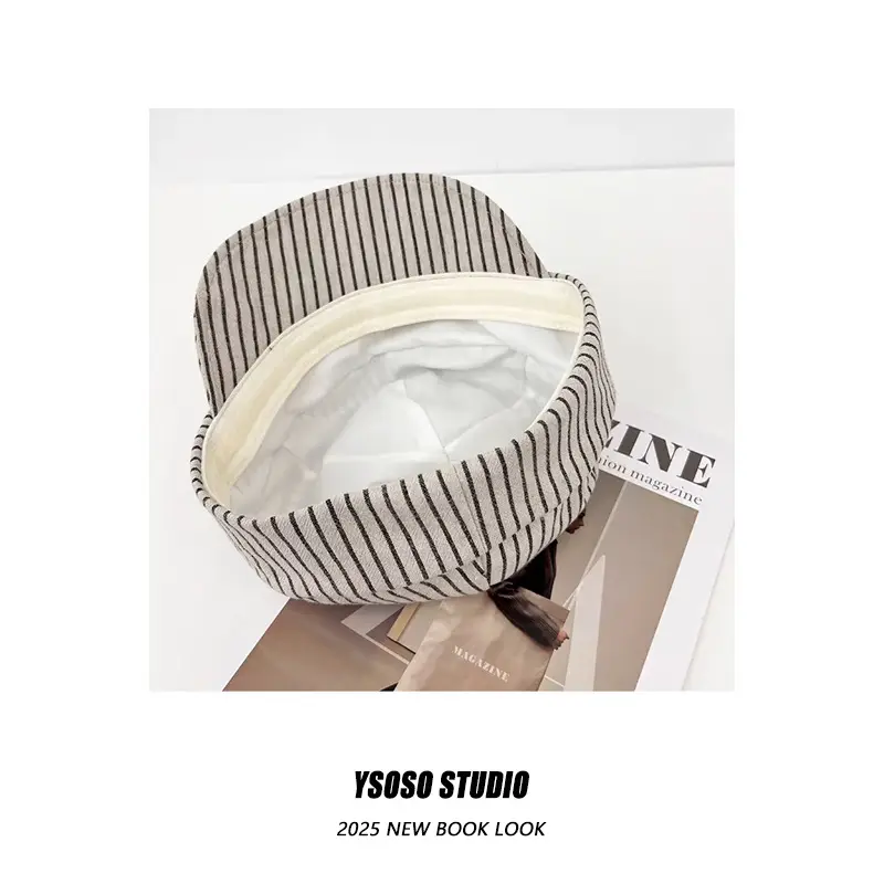 Japanese Retro White Striped Duckbill Cap for Women — feature 8